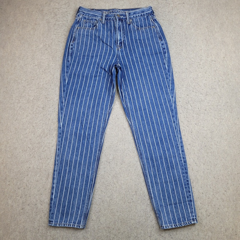 American Eagle Mom‎ Jeans Women's Size 4 Striped Blue White 90s Cotton Ankle